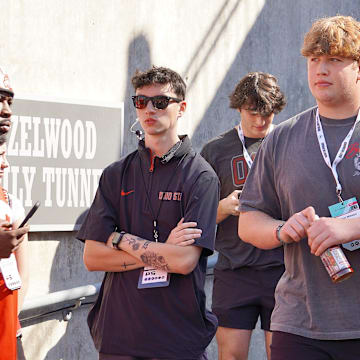 Oct 5, 2024; Columbus, OH, USA; Class of 2026 St. Edward offensive lineman Mason Wilhelm walks to the field ahead of Ohio State's 35-7 win over the Iowa Hawkeyes after the NCAA football game at Ohio Stadium.