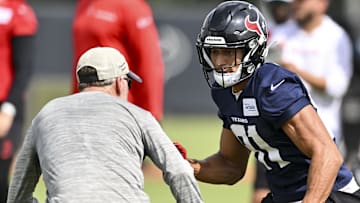 Houston Texans wide receiver Jayden Higgins (81) participates in a drill during an NFL football minicamp at NRG Stadium. 