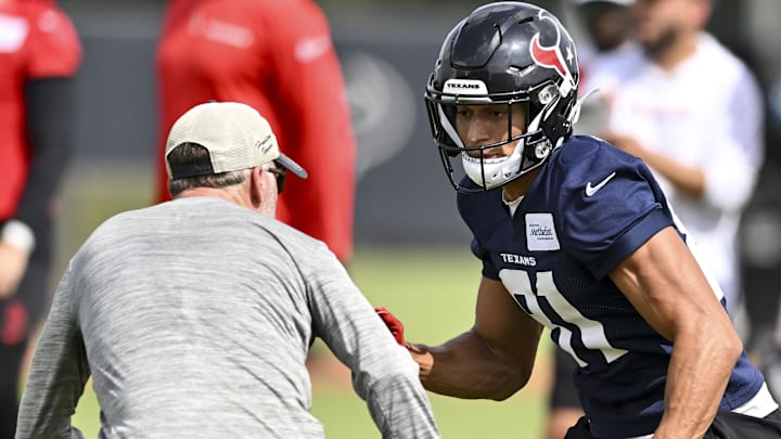 Houston Texans wide receiver Jayden Higgins (81) participates in a drill during an NFL football minicamp at NRG Stadium. 