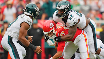 Philadelphia Eagles defensive end Za'Darius Smith (52) sacks Kansas City Chiefs quarterback Patrick Mahomes (15) during the second quarter of the game at GEHA Field at Arrowhead Stadium.