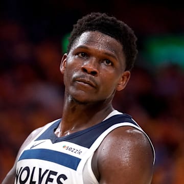 May 12, 2025; San Francisco, California, USA; Minnesota Timberwolves guard Anthony Edwards (5) holds onto the ball after being called for a foul against the Golden State Warriors in the third quarter during game four of the second round for the 2025 NBA Playoffs at Chase Center. Mandatory Credit: Cary Edmondson-Imagn Images