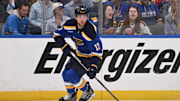 May 2, 2025; St. Louis, Missouri, USA; St. Louis Blues defenseman Cam Fowler (17) in action during the third period in game six of the first round of the 2025 Stanley Cup Playoffs against the Winnipeg Jets at Enterprise Center. Mandatory Credit: Connor Hamilton-Imagn Images