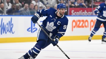 May 2, 2024; Toronto, Ontario, CAN;  Toronto Maple Leafs forward John Tavares (91) pursues the play against the Boston Bruins in the third  period in game six of the first round of the 2024 Stanley Cup Playoffs at Scotiabank Arena. Mandatory Credit: Dan Hamilton-USA TODAY Sports