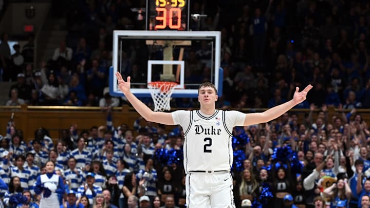 Jan 11, 2025; Durham, North Carolina, USA; Duke basketball forward Cooper Flagg (2) reacts during the second half against the Notre Dame Fighting Irish at Cameron Indoor Stadium.
