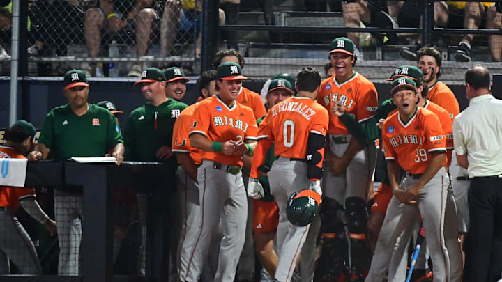Miami Hurricanes second baseman Dorian Gonzalez, Jr. (0) reacts after scoring against the Southern Miss Golden Eagles during the final game of the 2025 NCAA Hattiesburg Regional game at Pete Taylor Park in Hattiesburg, Mississippi, on June 2, 2025.