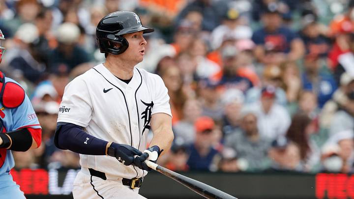 Apr 4, 2026; Detroit, Michigan, USA;  Detroit Tigers second baseman Colt Keith (33) hits a single in the second inning against the St. Louis Cardinals at Comerica Park. Mandatory Credit: Rick Osentoski-Imagn Images