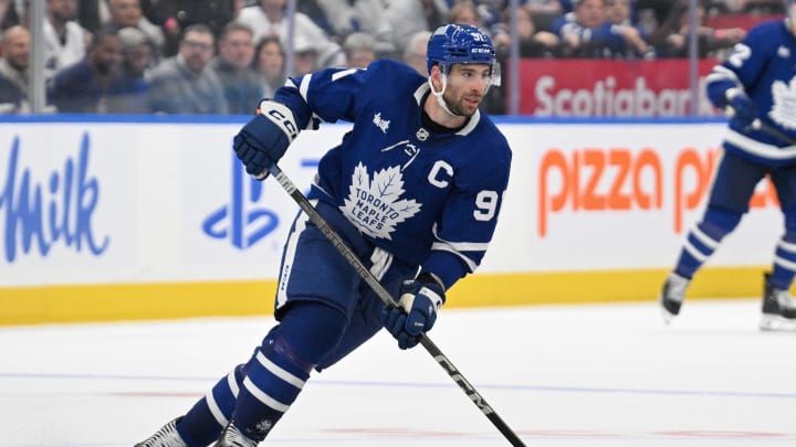 May 2, 2024; Toronto, Ontario, CAN;  Toronto Maple Leafs forward John Tavares (91) pursues the play against the Boston Bruins in the third  period in game six of the first round of the 2024 Stanley Cup Playoffs at Scotiabank Arena. Mandatory Credit: Dan Hamilton-USA TODAY Sports