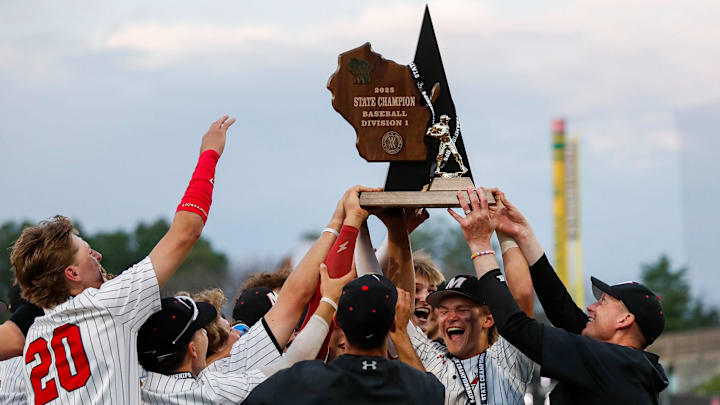 Muskego High School players celebrate after winning the WIAA Division 1 state baseball championship on Thursday, June 19, 2025, at Neuroscience Group Field at Fox Cities Stadium in Grand Chute, Wis. Tork Mason/USA TODAY NETWORK-Wisconsin