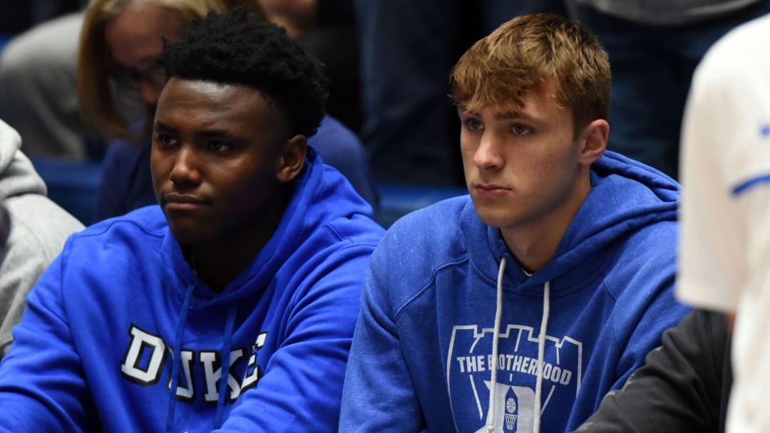 Mar 9, 2024; Durham, North Carolina, USA; Duke Blue Devils commits Patrick Ngongba (left) and Cooper Flagg look on prior to a game against the North Carolina Tar Heels at Cameron Indoor Stadium. Mandatory Credit: Rob Kinnan-USA TODAY Sports