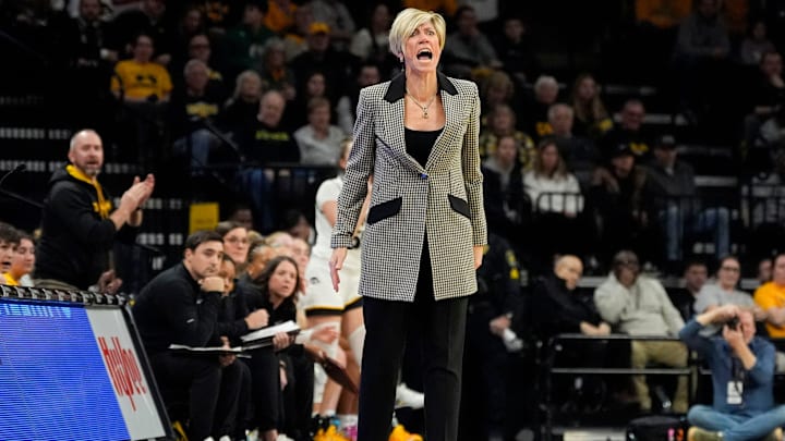 Iowa Hawkeyes head coach Jan Jensen reacts during a game against the Maryland Terrapins Sunday, Jan. 5, 2025 at Carver-Hawkeye Arena in Iowa City, Iowa.