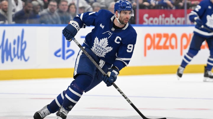 May 2, 2024; Toronto, Ontario, CAN;  Toronto Maple Leafs forward John Tavares (91) pursues the play against the Boston Bruins in the third  period in game six of the first round of the 2024 Stanley Cup Playoffs at Scotiabank Arena. Mandatory Credit: Dan Hamilton-USA TODAY Sports