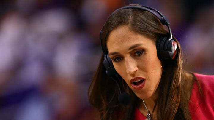 Sep 9, 2014; Phoenix, AZ, USA; ESPN reporter Rebecca Lobo during the game between the Phoenix Mercury against the Chicago Sky during game two of the WNBA Finals at US Airways Center. Mandatory Credit: Mark J. Rebilas-USA TODAY Sports
