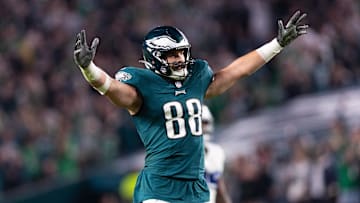 Nov 5, 2023; Philadelphia, Pennsylvania, USA; Philadelphia Eagles tight end Dallas Goedert (88) reacts to a touchdown against the Dallas Cowboys during the third quarter at Lincoln Financial Field. Mandatory Credit: Bill Streicher-Imagn Images