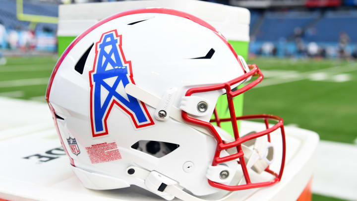 Oct 29, 2023; Nashville, Tennessee, USA; View of the throwback Houston Oilers helmet the Tennessee Titans will wear against the Atlanta Falcons at Nissan Stadium. Mandatory Credit: Christopher Hanewinckel-USA TODAY Sports