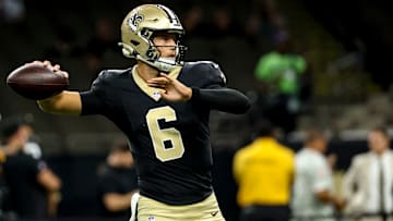 Saints quarterback Tyler Shough warms up before a preseason game against the Jacksonville Jaguars on Aug. 17, 2025