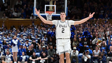 Jan 11, 2025; Durham, North Carolina, USA; Duke Blue Devils forward Cooper Flagg (2) reacts during the second half against the Notre Dame Fighting Irish at Cameron Indoor Stadium. Mandatory Credit: Rob Kinnan-Imagn Images