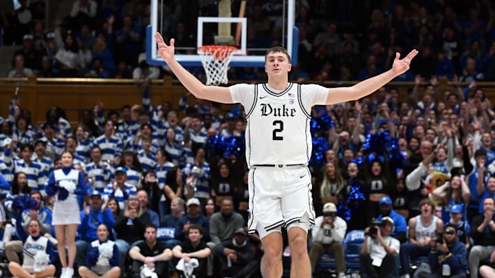 Jan 11, 2025; Durham, North Carolina, USA; Duke Blue Devils forward Cooper Flagg (2) reacts during the second half against the Notre Dame Fighting Irish at Cameron Indoor Stadium. Mandatory Credit: Rob Kinnan-Imagn Images Jan 11, 2025; Durham, North Carolina, USA; Duke Blue Devils forward Cooper Flagg (2) reacts during the second half against the Notre Dame Fighting Irish at Cameron Indoor Stadium. Mandatory Credit: Rob Kinnan-Imagn Images