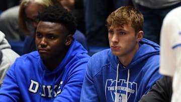 Mar 9, 2024; Durham, North Carolina, USA; Duke basketball players Patrick Ngongba (left) and Cooper Flagg look on prior to a game against the North Carolina Tar Heels at Cameron Indoor Stadium.