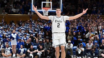 Jan 11, 2025; Durham, North Carolina, USA; Duke Blue Devils forward Cooper Flagg (2) reacts during the second half against the Notre Dame Fighting Irish at Cameron Indoor Stadium. Mandatory Credit: Rob Kinnan-Imagn Images