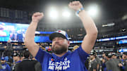 Oct 20, 2025; Toronto, Ontario, CAN; Toronto Blue Jays manager John Schneider celebrates after defeating the Seattle Mariners during game seven of the ALCS round for the 2025 MLB playoffs at Rogers Centre. Mandatory Credit: John E. Sokolowski-Imagn Images