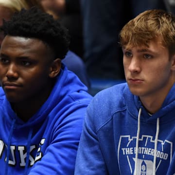 Duke basketball freshmen Patrick Ngongba II and Cooper Flagg