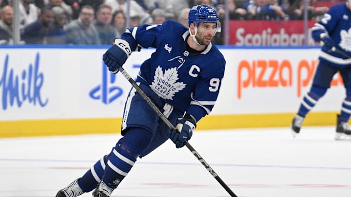 May 2, 2024; Toronto, Ontario, CAN;  Toronto Maple Leafs forward John Tavares (91) pursues the play against the Boston Bruins in the third  period in game six of the first round of the 2024 Stanley Cup Playoffs at Scotiabank Arena. Mandatory Credit: Dan Hamilton-Imagn Images