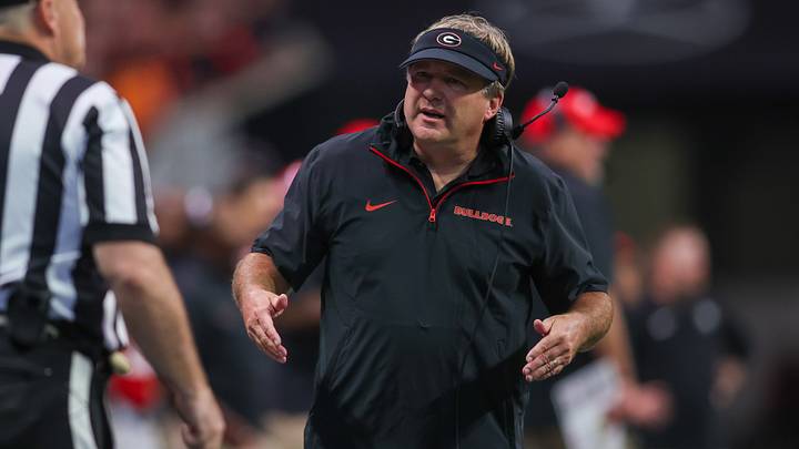 Aug 31, 2024; Atlanta, Georgia, USA; Georgia Bulldogs head coach Kirby Smart talks to a referee against the Clemson Tigers in the third quarter at Mercedes-Benz Stadium. Mandatory Credit: Brett Davis-USA TODAY Sports