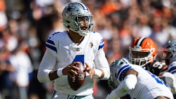 Sep 8, 2024; Cleveland, Ohio, USA; Dallas Cowboys quarterback Dak Prescott (4) looks for an available receiver during the first quarter against the Cleveland Browns at Huntington Bank Field. Mandatory Credit: Scott Galvin-Imagn Images