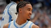 Mar 8, 2025; Chapel Hill, North Carolina, USA; North Carolina Tar Heels guard Seth Trimble (7) reacts in the second half at Dean E. Smith Center. Mandatory Credit: Bob Donnan-Imagn Images