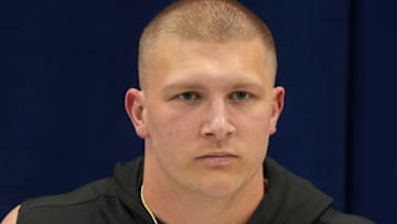 Nebraska defensive lineman Ty Robinson (DL30) speaks during the 2025 NFL Scouting Combine