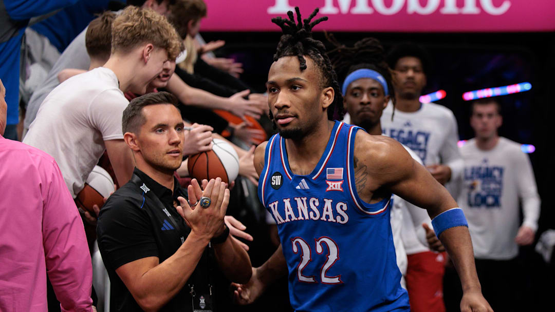 Mar 13, 2026; Kansas City, MO, USA; Kansas Jayhawks guard Darryn Peterson (22) enters the court for the game against the Houston Cougars at T-Mobile Center. Mandatory Credit: William Purnell-Imagn Images