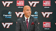 Nov 19, 2025; Blacksburg, Va.; Virginia Tech head coach James Franklin speaks at the press conference at Cassell Coliseum.