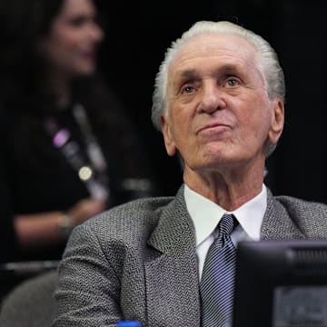Miami Heat team president Pat Riley looks on during the first half of a game against the San Antonio Spurs at FTX Arena. Mandatory Credit: Jim Rassol-Imagn Images