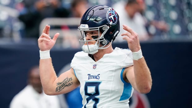 Tennessee Titans quarterback Will Levis (8) warms up before a game against the Houston Texans at NRG Stadium 