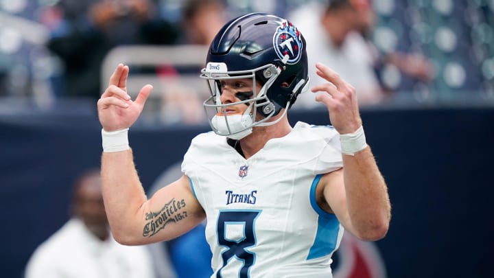 Tennessee Titans quarterback Will Levis (8) warms up before a game against the Houston Texans at NRG Stadium in Houston, Texas., Sunday, Dec. 31, 2023.