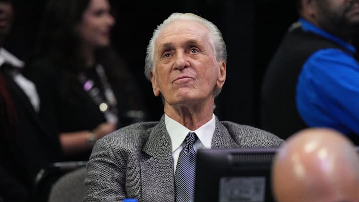 Dec 10, 2022; Miami, Florida, USA; Miami Heat team president Pat Riley looks on during the first half of a game against the San Antonio Spurs at FTX Arena. Mandatory Credit: Jim Rassol-Imagn Images