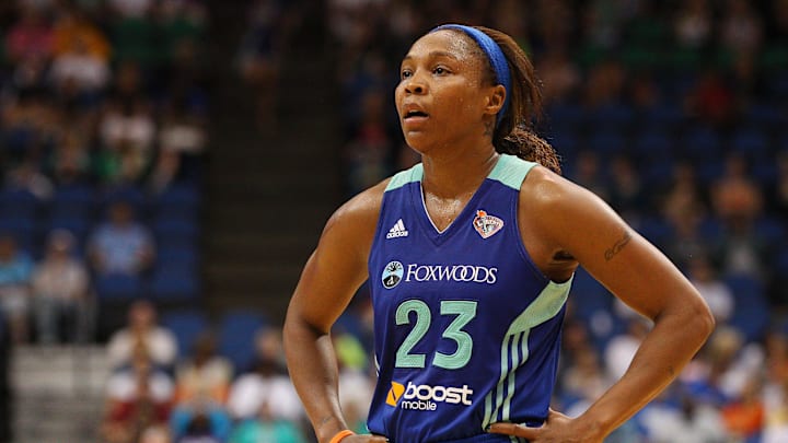 June 21, 2012; Minneapolis, MN, USA: New York guard Cappie Pondexter (23) looks on during a free throw in the second half against the Minnesota Lynx at Target Center. The Lynx won 102-70. Mandatory Credit: Jesse Johnson-Imagn Images