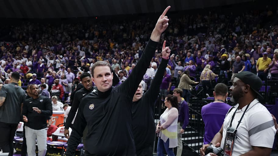 LSU Tigers head coach Will Wade reacts to defeating the Alabama Crimson Tide in overtime.