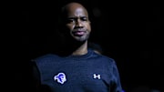Nov 4, 2024; Newark, New Jersey, USA; Seton Hall Pirates head coach Shaheen Holloway looks on before the game against the St. Peter's Peacocks at Prudential Center. Mandatory Credit: Vincent Carchietta-Imagn Images