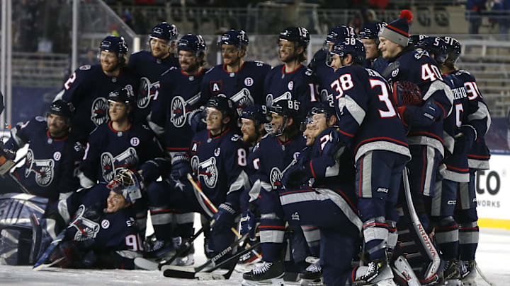 Mar 1, 2025; Columbus, Ohio, USA; The Columbus Blue Jackets pose for a team photo after the game against the Detroit Red Wings at Ohio Stadium. Mandatory Credit: Russell LaBounty-Imagn Images