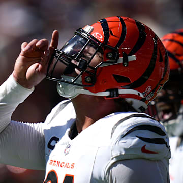 Cincinnati Bengals defensive end Trey Hendrickson (91) celebrates a sack in the fourth quarter of the NFL Week 1 game between the Cleveland Browns and the Cincinnati Bengals at Huntington Bank Field in Cleveland on Sunday, Sept. 7, 2025. The Bengals begin the season with a 17-16 win over the Browns.