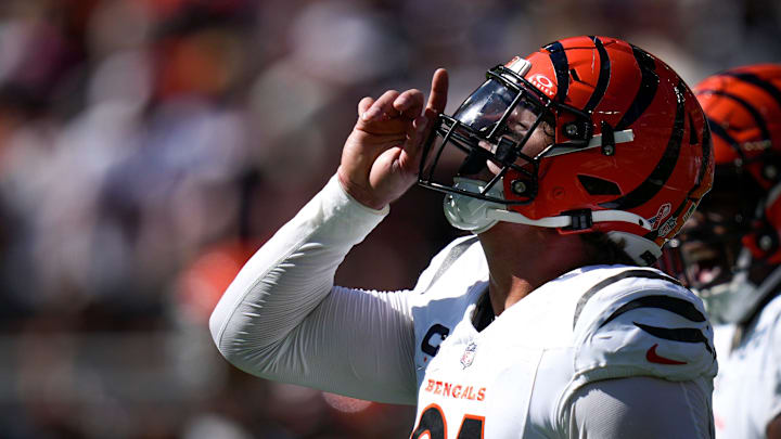 Cincinnati Bengals defensive end Trey Hendrickson celebrates after a game against the Cleveland Browns. 