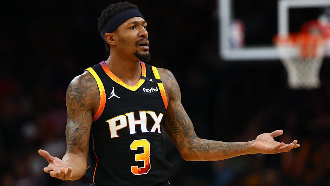 Apr 9, 2025; Phoenix, Arizona, USA; Phoenix Suns guard Bradley Beal (3) reacts against the Oklahoma City Thunderduring the first half at Footprint Center. Mandatory Credit: Mark J. Rebilas-Imagn Images