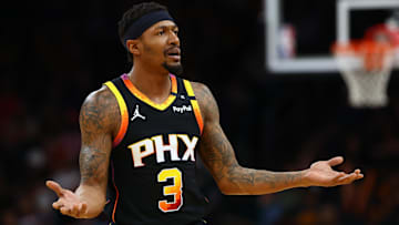 Apr 9, 2025; Phoenix, Arizona, USA; Phoenix Suns guard Bradley Beal (3) reacts against the Oklahoma City Thunderduring the first half at Footprint Center. Mandatory Credit: Mark J. Rebilas-Imagn Images
