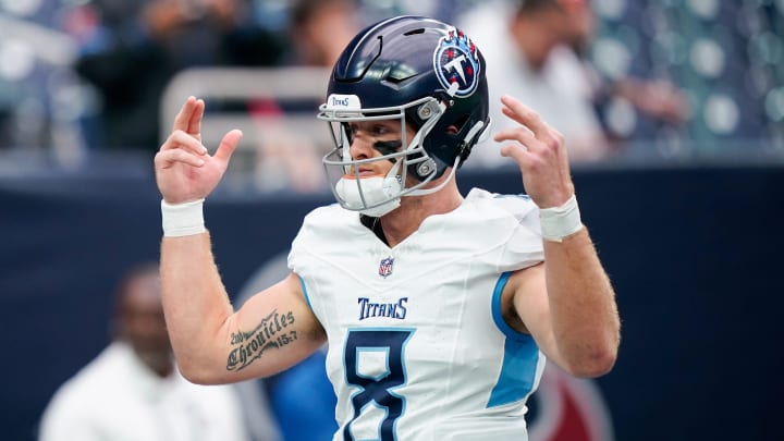 Tennessee Titans quarterback Will Levis (8) warms up before a game against the Houston Texans at NRG Stadium in Houston, Texas., Sunday, Dec. 31, 2023.