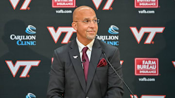 Virginia Tech head coach James Franklin speaks at the press conference at Cassell Coliseum. 