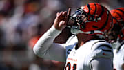 Cincinnati Bengals defensive end Trey Hendrickson (91) celebrates a sack in the fourth quarter of the NFL Week 1 game between the Cleveland Browns and the Cincinnati Bengals at Huntington Bank Field in Cleveland on Sunday, Sept. 7, 2025. The Bengals begin the season with a 17-16 win over the Browns.