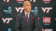 Nov 19, 2025; Blacksburg, VA, USA;  Virginia Tech head coach James Franklin speaks at the press conference at Cassell Coliseum. Mandatory Credit: Brian Bishop-Imagn Images