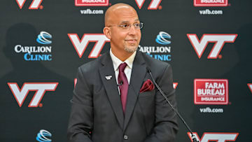 Nov 19, 2025; Blacksburg, VA, USA;  Virginia Tech head coach James Franklin speaks at the press conference at Cassell Coliseum. Mandatory Credit: Brian Bishop-Imagn Images