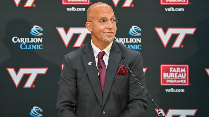 Nov 19, 2025; Blacksburg, VA, USA;  Virginia Tech head coach James Franklin speaks at the press conference at Cassell Coliseum. Mandatory Credit: Brian Bishop-Imagn Images